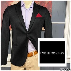Emporio Armani Cable Knit Blazer Men 40R Modern Slim Fit Glossy Black Polyester